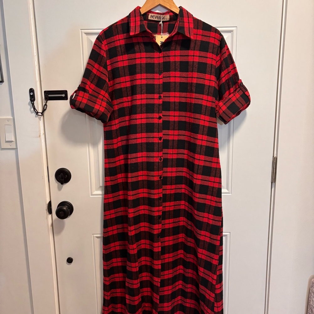 NWT Reverse Buffalo Check Plaid Maxi Flannel Shirt Dress